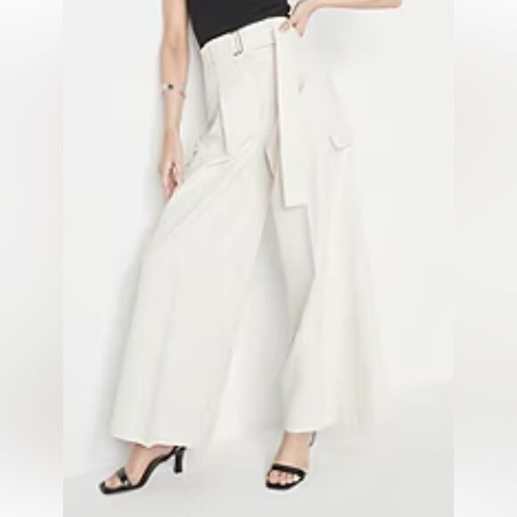 WORTHINGTON Ivory Linen blend wide palazzo cargo pants sz 10 - Picture 1 of 12